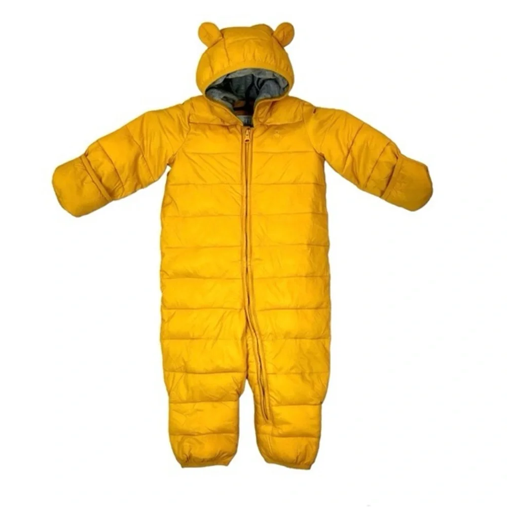 GAP Lightweight Yellow Snowsuit with Fold-Over Mitts Bear Hood Size 18-24 Months